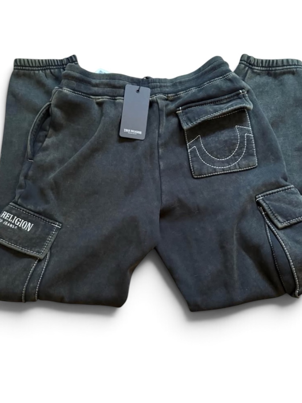 True Religion Black Boyfriend Cargo Track Joggers with Logo Patch